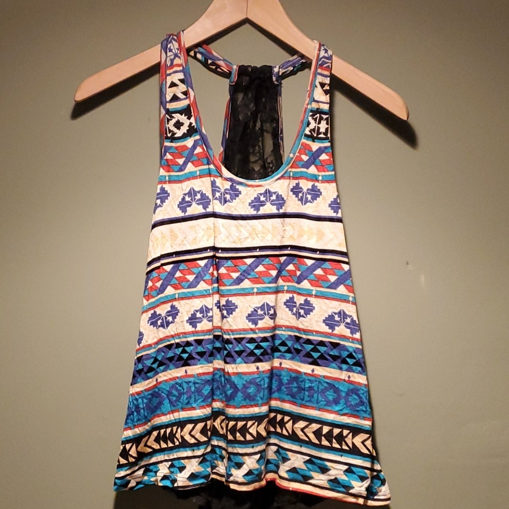 Tribal design racerback tank with black lace back